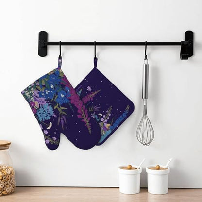 Wildflowers Florals Oven Mitts Pot Holders Set Silicone Heat Resistant Wildflowers Oven Mitts and Hot Pads Florals Potholders Non-Slip Oven Gloves for Cooking Baking Grilling BBQ - color: Purple