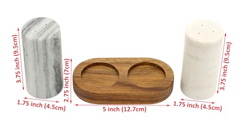 Elegant Marble Salt and Pepper Shaker Set with Acacia Wood Holder - Real Grey and White Marble Cylindrical Shakers for Kitchen Shelf, Table or Spice Rack - 1.75” x 3.75” Each
