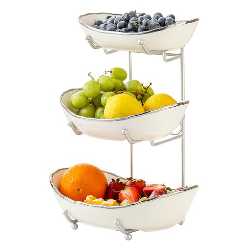 Ceramic Fruit Bowl for Kitchen Counter - 3 Tier Fruit Basket with Metal Stand, Tiered Fruit Stand for Countertop, Snack, Nuts, Cake, Dessert, Cute (Silver-rimmed, Small) S1 - color: Silver-rimmed, size: Small