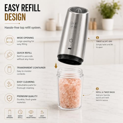 Automatic Electric Gravity Salt and Pepper Grinder Set, Rechargeable, One-Hand Operation, Dual USB-C Charging Cable, Adjustable Ceramic Burr, LED Light, Stainless Steel, 3.4 Oz - color: Stainless Steel