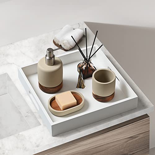 White Wooden Serving Tray with Handles, 12"x12"x2"H Square Countertop Organizer Tray， Decorative Cosmetics Trays for Kitchen, Bathroom, Sturdy Food Trays for Breakfast, Tea