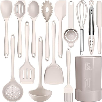 AOTHOD Silicone Cooking Utensils Set - 446°F Heat Resistant Kitchen Utensils,Turner Tongs,Spatula,Spoon,Brush,Whisk,Kitchen Utensil Gadgets Tools Set for Nonstick Cookware,Dishwasher Safe (BPA Free) - color: Khaki