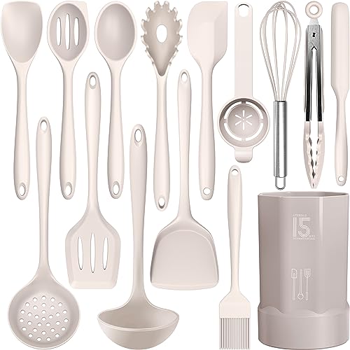 AOTHOD Silicone Cooking Utensils Set - 446°F Heat Resistant Kitchen Utensils,Turner Tongs,Spatula,Spoon,Brush,Whisk,Kitchen Utensil Gadgets Tools Set for Nonstick Cookware,Dishwasher Safe (BPA Free) - color: Khaki