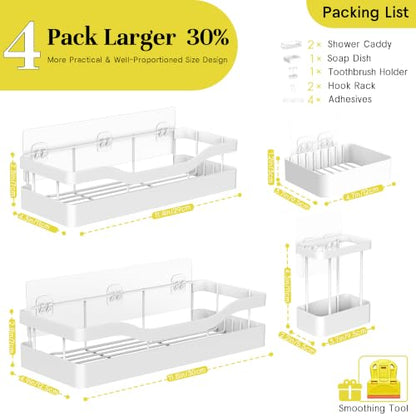 Heavy-Duty Adhesive Shower Shelves, White Storage Shelf | No Drill Wall Mounted Stainless Steel Shower Caddy Set with 44lbs Max Load, 0.43" Wire Spacing, Toothbrush & Soap Holder - color: White