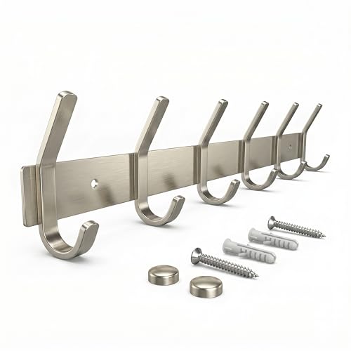 Coat Rack Wall Mount – Brushed Nickel 17 Inch Stainless Steel Hook Rail with 6 Heavy Duty Double Coat Hooks – Wall Mounted Coat Hanger for Entryway, Bathroom, Bedroom, Towel, Hat Organizer - color: Silver, size: 6 Hooks - 1 Pack