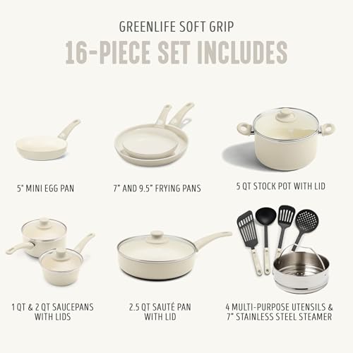 GreenLife 16 Piece Ceramic Nonstick Pots & Pans Cookware Set, Cream | PFAS-Free Nonstick Coating, Stockpot, Frying Pans, Saucepans, Sauté Pan, Stay-Cool Handles, Dishwasher & Oven Safe up to 350F - color: Cream, style: Soft Grip