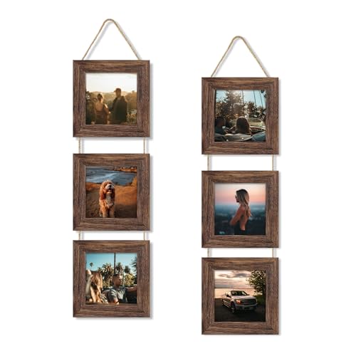 4x4 Collage Picture Frames Set of 2, Rustic Wooden Real Glass Vertical Hanging 3 Opening 4 by 4 Photo Frame, Distressed Brown - color: Distressed Brown, size: Vertical-4x4 in
