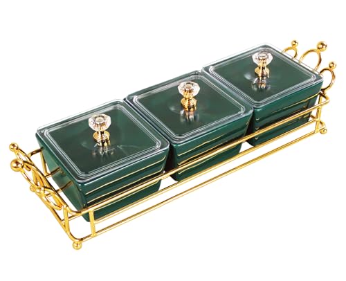 YA JU Ceramic Bowls and with Lid Gold Basket Trays, 3 Removable Small Bowls Condiment Trays Nut Serving Set for Snacks, Fruits, Candy and Condiments - Great for Parties, Green - color: Green 3- Grid Crown Tray