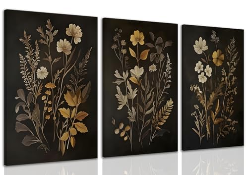 Yudinbin Vintage Dark Botanical Canvas Wall Art Set of 3 Cottagecore Academia Wildflower Wall Decor Rustic Fall Floral Flower Poster Prints for Bedroom Living Room 16x12 Inch Framed - color: Black Flower B, size: 16"L x 12"W