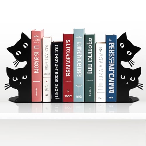 Peeping Cat Bookends for Shelves Decorative, Metal Book Ends for Heavy Books Book Stopper for Office Home Cute Desk Bookshelf Decor Cat Lover Gifts for Women (Black) - color: Black Cat