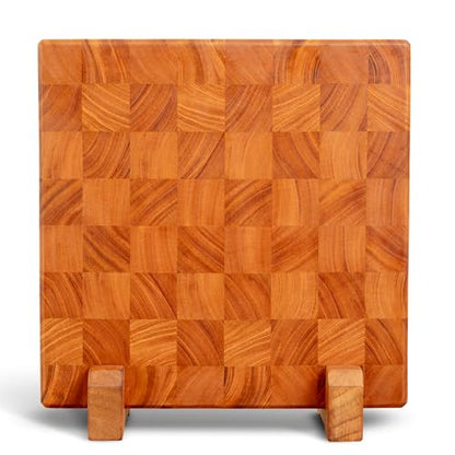 SHUMARU Mahogany End Grain Cutting Board 12.6×12.6×2 in with Holder – Handmade Checkered Butcher Block, Knife-Friendly, Non-Slip Feet, Ergonomic Handles - color: Mahogany | End Grain, size: 12.6"L x 12.6"W x 2"T