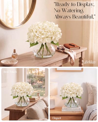 Hydrangea Artificial Flowers with Vase, Real Touch Latex, White | Lifelike Faux Water, Nearly Natural Leaves, Durable & Fade-Resistant, Home Office Table Centerpiece Decor - color: White