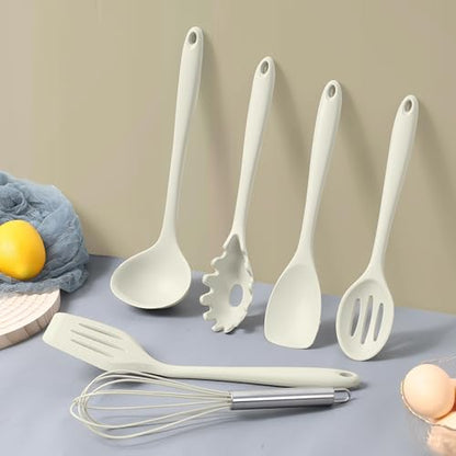 LIANYU 14 Pcs Silicone Cooking Utensils Set with Holder, Cream White | Kitchen Utensils Set for Non-Stick Cookware, 446°F Heat Resistant Cooking Tools with Comfort Grip Handle, Dishwasher safe - color: Cream White