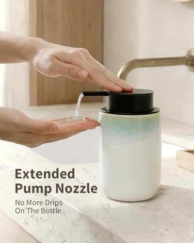 BosilunLife Hand Soap Dispenser for Kitchen, Bathroom Countertop | Foam Soap Dispenser Bathroom Ceramic Dish Liquid Soap Dispenser (White with Blue-Green Rim Liquid Pump) - color: White With Blue-green Rim-1 Pack