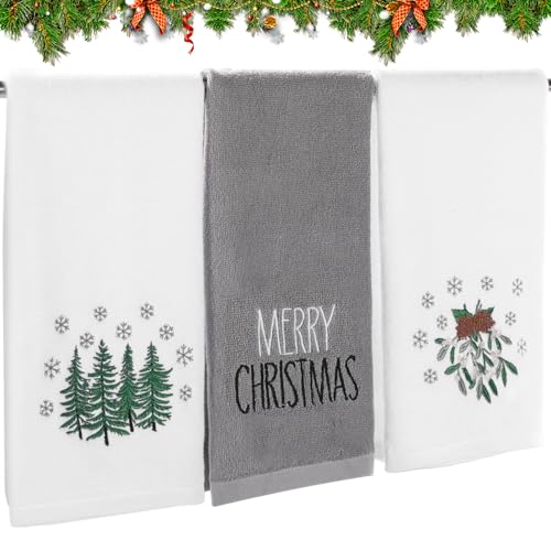 Tiamon 3 Pack Christmas Hand Towels for Bathroom Set Cotton Embroidered 13.7'' x 29.5'' Xmas Snowflake Dish Tea Fingertip Towel Cloths Decorative for Winter Holiday Kitchen Bath Gift(Gray,Floral) - color: Gray, style: Floral