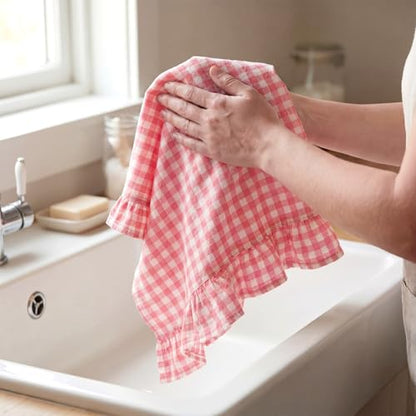 HunnmingRe Watermelon Pink Kitchen Towels Set of 2, 100% Cotton Ruffled Gingham Dish Towels 18"x28" Tea Cloths Classic Plaid Pattern for Farmhouse Charm, Drying Dishes, Entertaining Guests - color: Watermelon Pink, style: Gingham