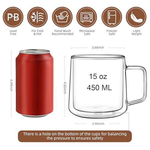 CNGLASS 15oz Double Walled Glass Coffee Mugs,Large Insulated Glass Mugs with Handle,Clear Coffee Cups for Espresso,Latte,Cappuccino,Tea,Set of 2 - color: 15oz(2-pack)