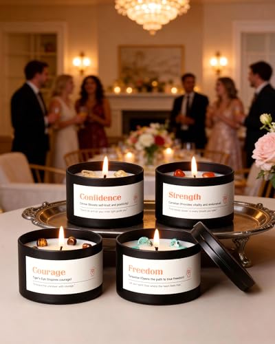 AOOVOO Crystal Empower Candles Set for Women - Soy Candle for Home Scented | 4 Pack 26 oz, 200 Hour Long Lasting Candle, Freedom Turquoise/Confidence Citrine/Strength Carnelian/Courage Tiger's Eye - color: Empower Candles Set