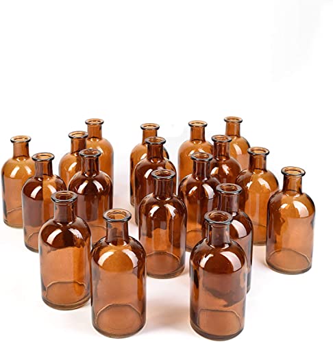 Serene Spaces Living Bud Vases, Apothecary Jars, Decorative Glass Bottles, Centerpiece for Wedding Reception, Mini Flower Vases, Small Medicine Bottles for Home Decor (Amber, Set of 24) - color: Amber, Small, Set of 24