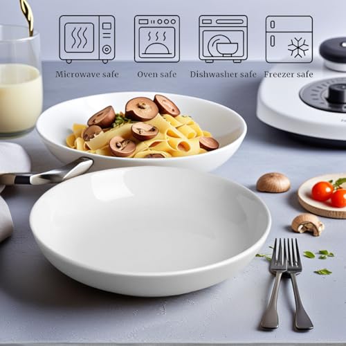 DeeCoo 7 Pack Porcelain Pasta Bowls Ceramic , Large Serving Bowl, Wide and Shallow, Set 8.3 Inch - 30 Ounce - for Pasta, Salad, Cereal, Soup & Microwave & Dishwasher Safe