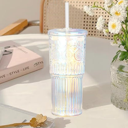 Bandesun All Glass Iced Coffee Cup With Lids and Straws，24 OZ Rainbow High Borosilicate Glass Tumbler for Water Smoothie Juice Drinks - color: Rainbow