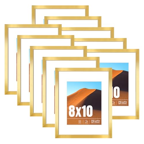8x10 Picture Frame Gold Set of 10, Display 5x7 with Mat or 8 x 10 Without Mat Picture, Photo Frame Collage for Wall Gallery or Table Deco, Hanging or Tabletop Display - color: Gold, size: 8x10