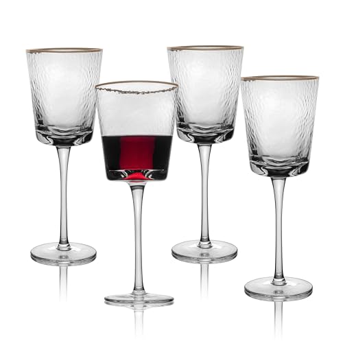Bec's Designs Wine Glasses Set of 4, 10oz Handblown, Hammered, Gold Rim | Unique triangular wine glass design creates elegant stemware for serving red wine, white wine & champagne.