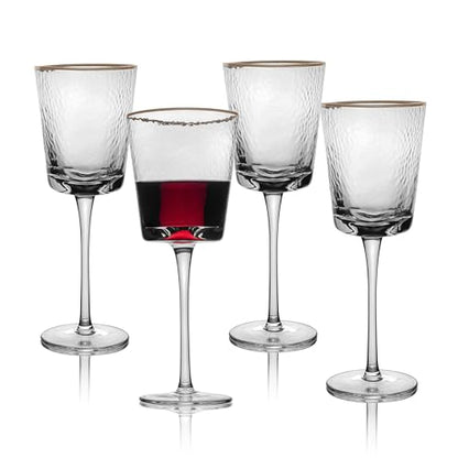Bec's Designs Wine Glasses Set of 4, 10oz Handblown, Hammered, Gold Rim | Unique triangular wine glass design creates elegant stemware for serving red wine, white wine & champagne.