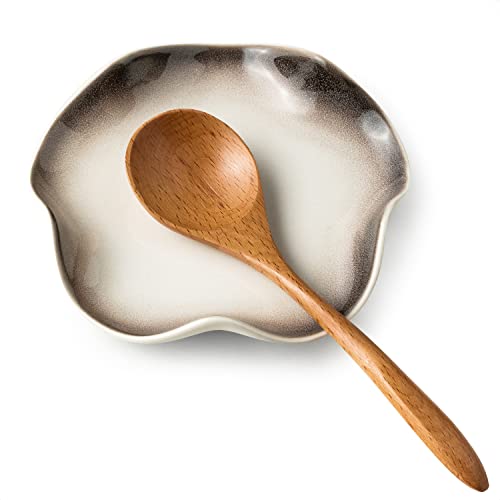 Miamolo Spoon Rest for Stove Top Cute Coffee Spoon Holder with Ruffled Edge | Premium Ceramic, 5.3 Inch for Multiple Utensils Gadget | for Kitchen Counter, Coffee Bar, Housewarming Gift, Dishwasher Safe - color: Black/White