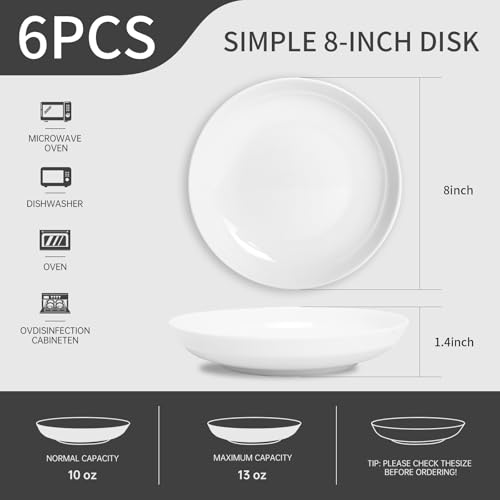 Anveena 8-inch Ceramic Dinner Plate Set, White Salad Plate 6-piece Set | Microwave, oven, and dishwasher safe; scratch-resistant and wear-resistant - color: pure white, size: 8inch