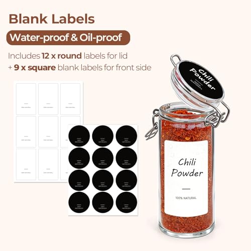 ComSaf Small Glass Spice Jars with Airtight Lids 4 oz 6 Pack with Labels | Seasoning herbs powders, Salt pepper chili, Spice rack cabinet organization, Small size, Funnel included, Party favors - size: 4oz*6