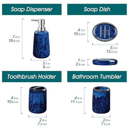 vancasso Blue Bathroom Accessories Set, Ceramic Soap Dispenser and Toothbrush Holder Sets, Stoneware 4 Pcs Bathroom Sink Set for Modern Home Decor, Series Starry - style: Blue