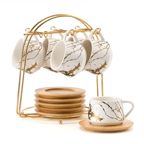 LUKA Ceramic Espresso Cups with Saucers and Metal Stand, Small 4 oz Porcelain Demitasse Cups Set of 6, Cute Cappuccino Coffee Cups for Double Espresso, Tea, Marbling White - color: 6-White, size: 4 oz