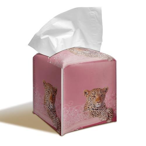 Cute Leopard Pink Bubble Bath PU Leather Tissue Box Cover 5.2 Inch | Pink leopard bubble bath design; 5.2 in PU leather tissue cover for bathroom, bedroom, vanity, office. - color: Pink Leopard