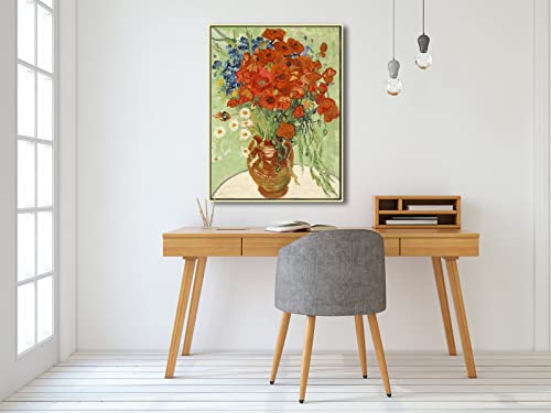 Wieco Art Gold Framed Art Red Poppies and Daisies Large Canvas Prints Wall Art of Van Gogh Famous Artwork Oil Paintings Reproduction Classical Flowers for Living Room Home Decor - size: 32"L x 24"W