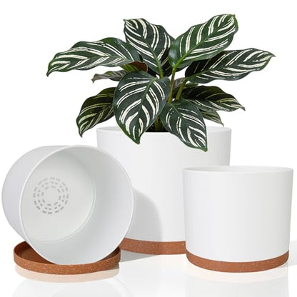 3 Pack Cylinder Planter Set 10/9/8 Inch White Indoor Plant Pots | Modern flower pots with drainage holes and saucers. For outdoor garden, succulent, nursery, and house plants. - color: White-brown