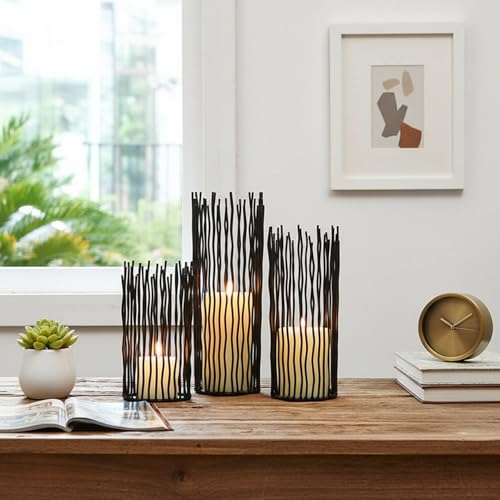 Metal Candle Holders for Pillar Candles - Black Wire Candle Holder Set of 3 | Creative Candlestick Holders for Table Centerpieces Fireplace Mantel Halloween Christmas Party Event Wedding Home Decorations