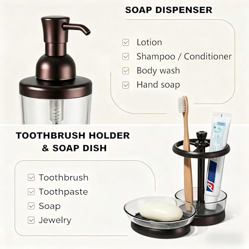 LGURT 4pc Coffee Brown Clear Plastic Bathroom Accessories Set | Soap dispenser, toothbrush holder, soap dish, cup. vintage modern style. Fits vanity, dorm, gift-ready.