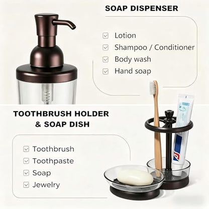 LGURT 4pc Coffee Brown Clear Plastic Bathroom Accessories Set | Soap dispenser, toothbrush holder, soap dish, cup. vintage modern style. Fits vanity, dorm, gift-ready.