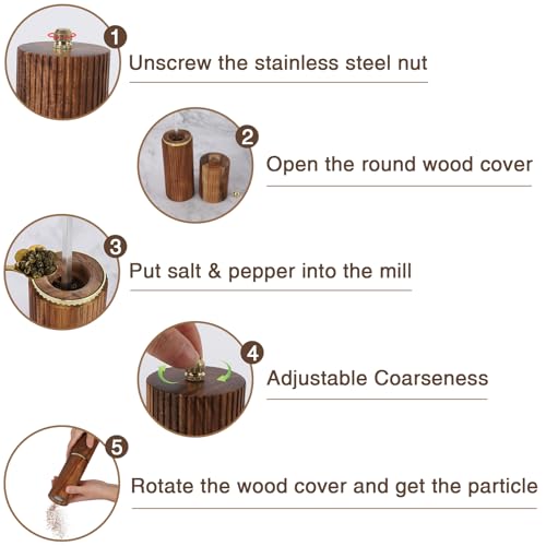 Wooden Salt and Pepper Grinder Set, Refillable Salt and Pepper grinder with adjustable Coarseness, Acacia Wood pepper mill manual, Salt and Pepper Shakers Matching Wooden tray-Ideal for Gifting - color: BURLYWOOD