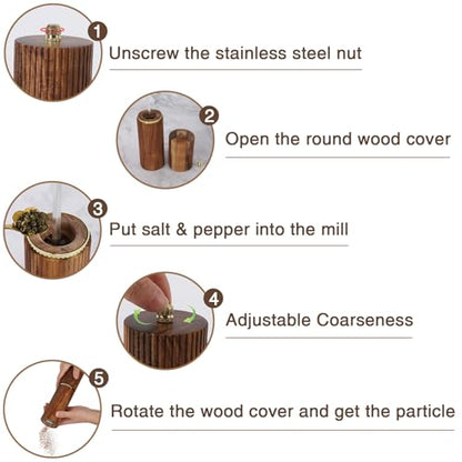 Wooden Salt and Pepper Grinder Set, Refillable Salt and Pepper grinder with adjustable Coarseness, Acacia Wood pepper mill manual, Salt and Pepper Shakers Matching Wooden tray-Ideal for Gifting - color: BURLYWOOD