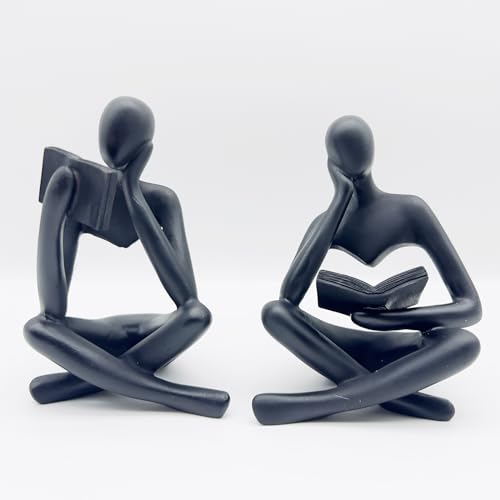2 Pieces Home Decor Black Reading Thinker Statue Modern Figurines Abstract Aesthetic Sculpture Thinker Resin Statue Set for Home Decoration Living Room Office Bookshelf Shelf Table - color: Black
