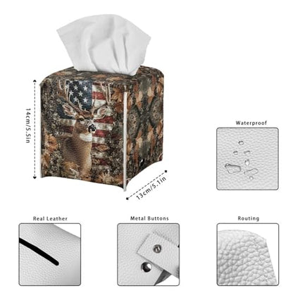 Deer Tissue Box Cover Forest Hunting Print Tissue Box Holder Waterproof PU Leather Holder for Facial Paper American Flag Facial Napkin Organizer Dispenser - color: Deer American Flag Leaf Camo