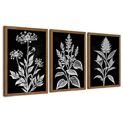 AVECCO 3 Pieces Black White Botanical Wall Art Canvas Framed 20x30 Inch | UV Fade-Resistant Ink, Triptych Botanical, Wooden Frame, Black White Line Art, Ready to Hang, Living Room Office Decor - color: Dark, size: 30"L x 20"W