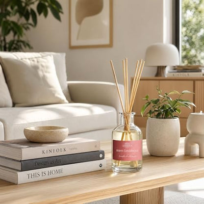 Natural Reed Diffuser Set, Warm Sandalwood 3.52 oz (100ml) Scented Diffuser with Sticks Home Fragrance Reed Diffuser for Bathroom Shelf Decor, Ideal Gift for Woman