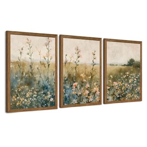 AVECCO 3 Pieces Vintage Wildflower Field Wall Art Framed Canvas 12x16 inch | Uv Resistant Inks, Giclée Print, Wooden Frame, Triptych Nature Watercolor Florals, Ready to Hang, Living Room Bedroom Decor - color: Vintage, size: 16"L x 12"W