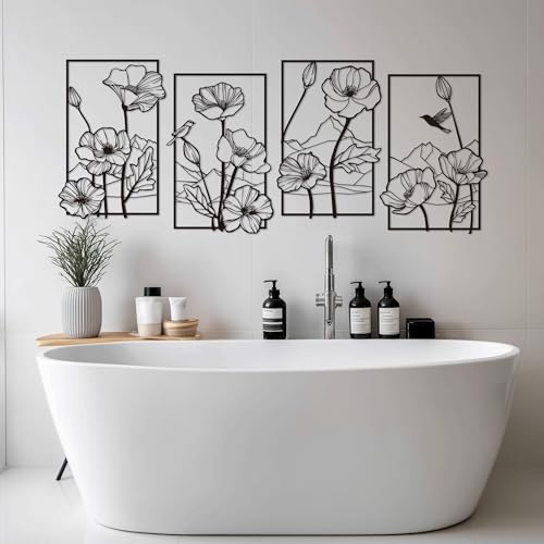 deeinglif Black Metal Wall Art Set of 4, 3D Metal Wall Decor for Living Room Bedroom Bathroom, Abstract Floral Mountain Nature Wall Sculptures, Modern Minimalist Iron Wall Art, 12 x 17 Inch