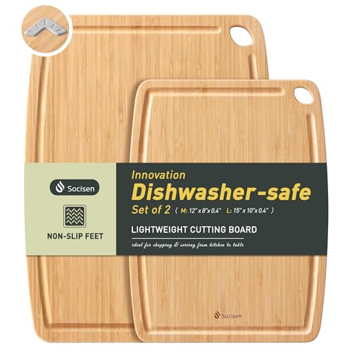 Lightweight Durable Bamboo Cutting Board Set with Non-Slip Feet, Wooden Cutting Boards for Busy Kitchen, Easy Storage & Clean Wooden Chopping Boards with Juice Groove Set of 2 (M+L) - color: Natural Bamboo, size: Set of 2 (Medium + Large)