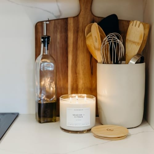 Seaside & Citrus 3 Wick Scented Candle - 43 Hour Burn | Made in the USA Luxury Clean Soy Wax Candles - Long Lasting Large Glass Jar Candle for Home - 3 Wicks - 14.9oz - color: Seaside + Citrus