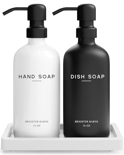 Luxury Glass Hand and Dish Soap Dispenser Set by Brighter Barns - Kitchen Soap Dispenser Set with Tray for Kitchen, Home or Restaurant - Modern Farmhouse Kitchen Decor (Black/White) - color: Black/White Hd